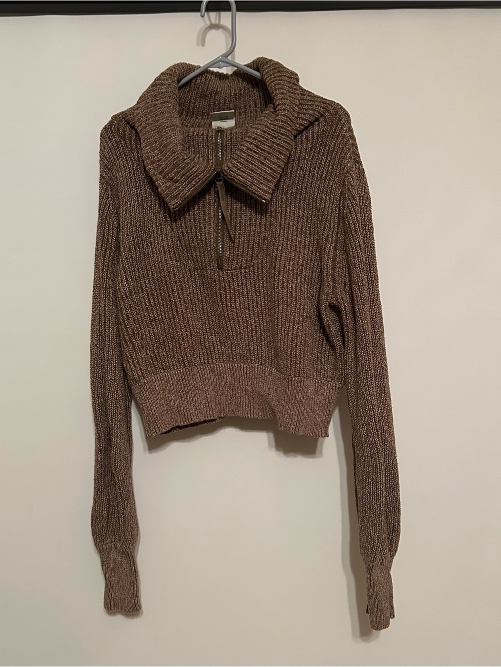 Varley Brown Ribbed Zip-Front Cropped Turtleneck Sweater